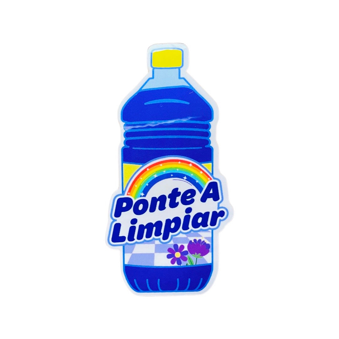 Purple bottle cleaner sticker featuring the phrase Ponte A Limpiar. Translation: Start cleaning