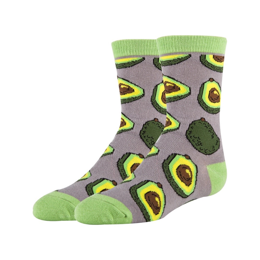 Junior mid calf avocado socks with light green and beige accent colors.