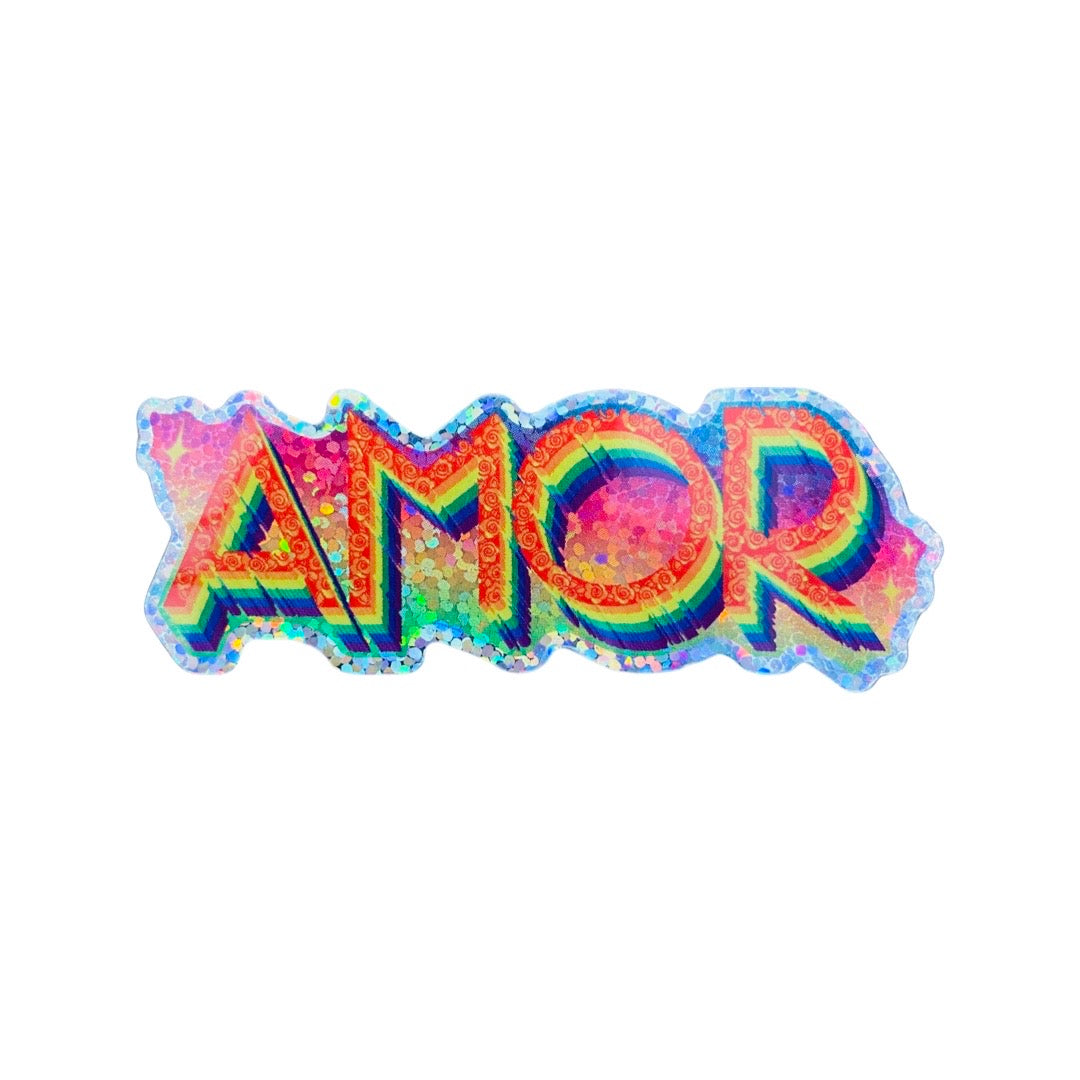 Colorful glitter AMOR phrase sticker.