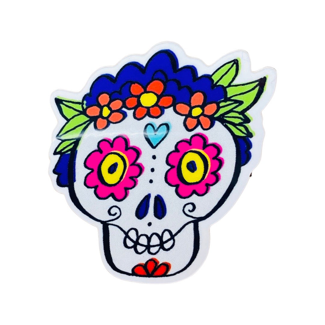 Colorful calavera with floral crown sticker.