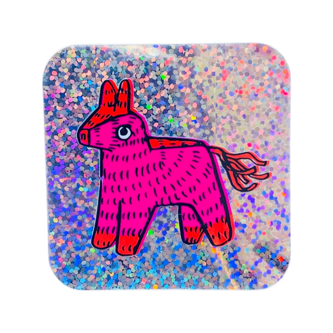 Square pink donkey piñata glitter sticker.