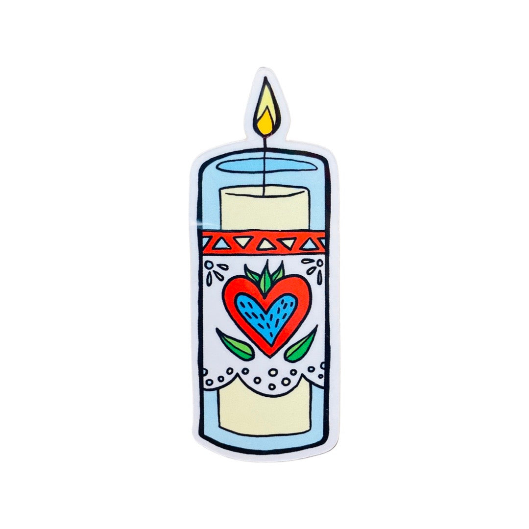 Colorful prayer candle sticker with heart design.