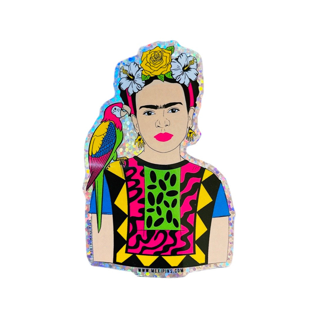 Colorful Frida Kahlo with parrot sticker.