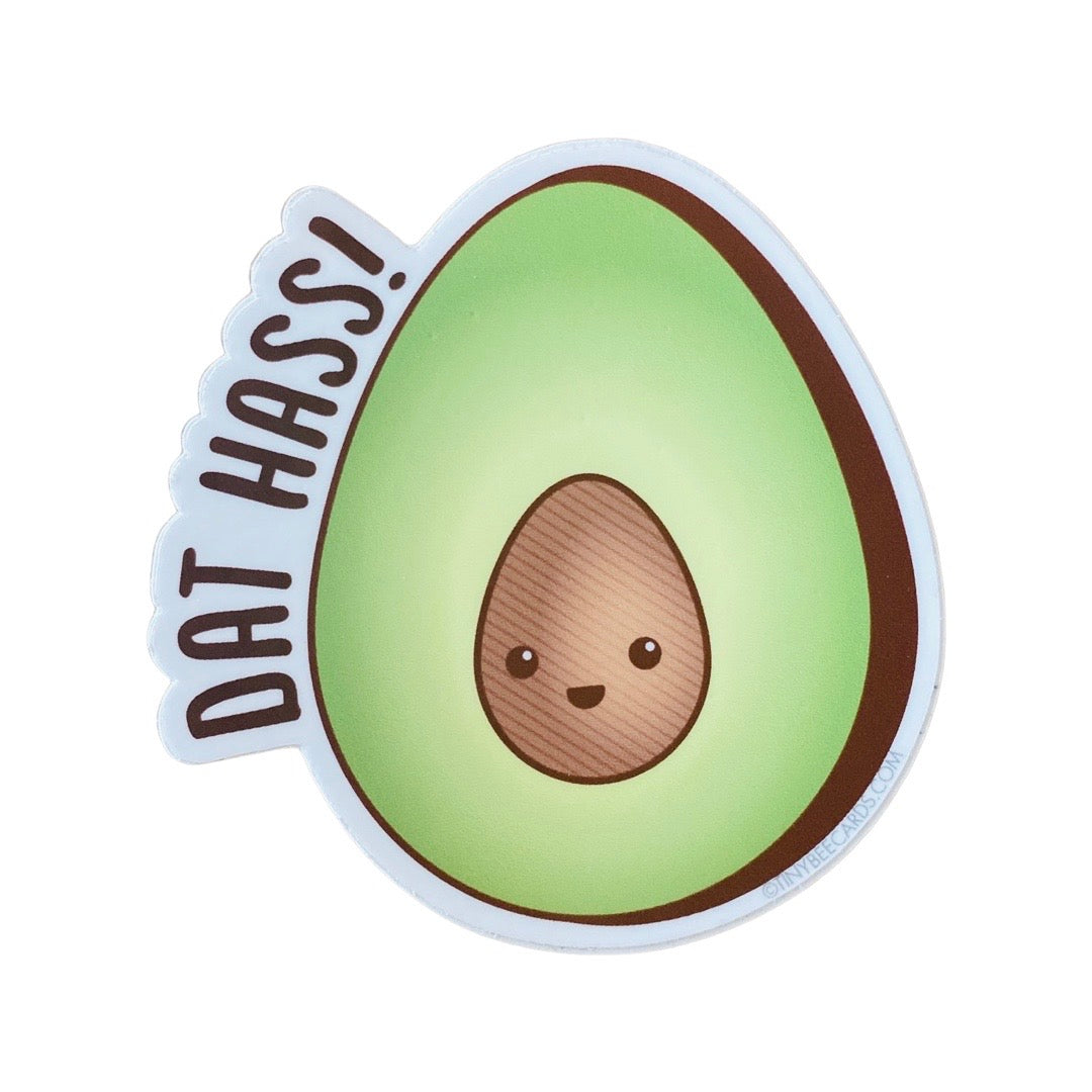 Dat Hass! avocado sticker. Design features half cut cute smiling avocado.