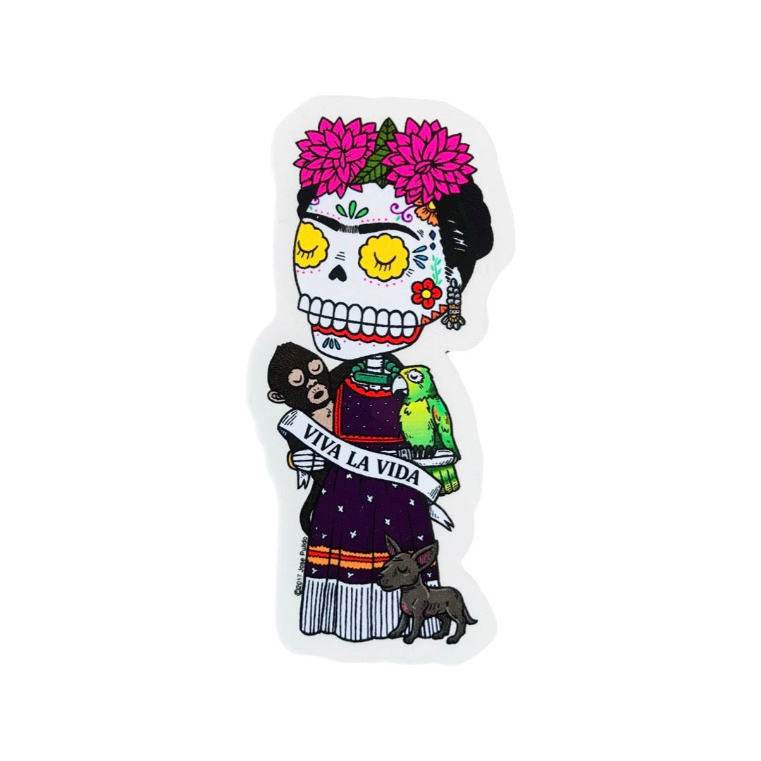Frida Kahlo viva la vida calavera sticker. Design features colorful Frida skeleton with a monkey, parrot, and dog.