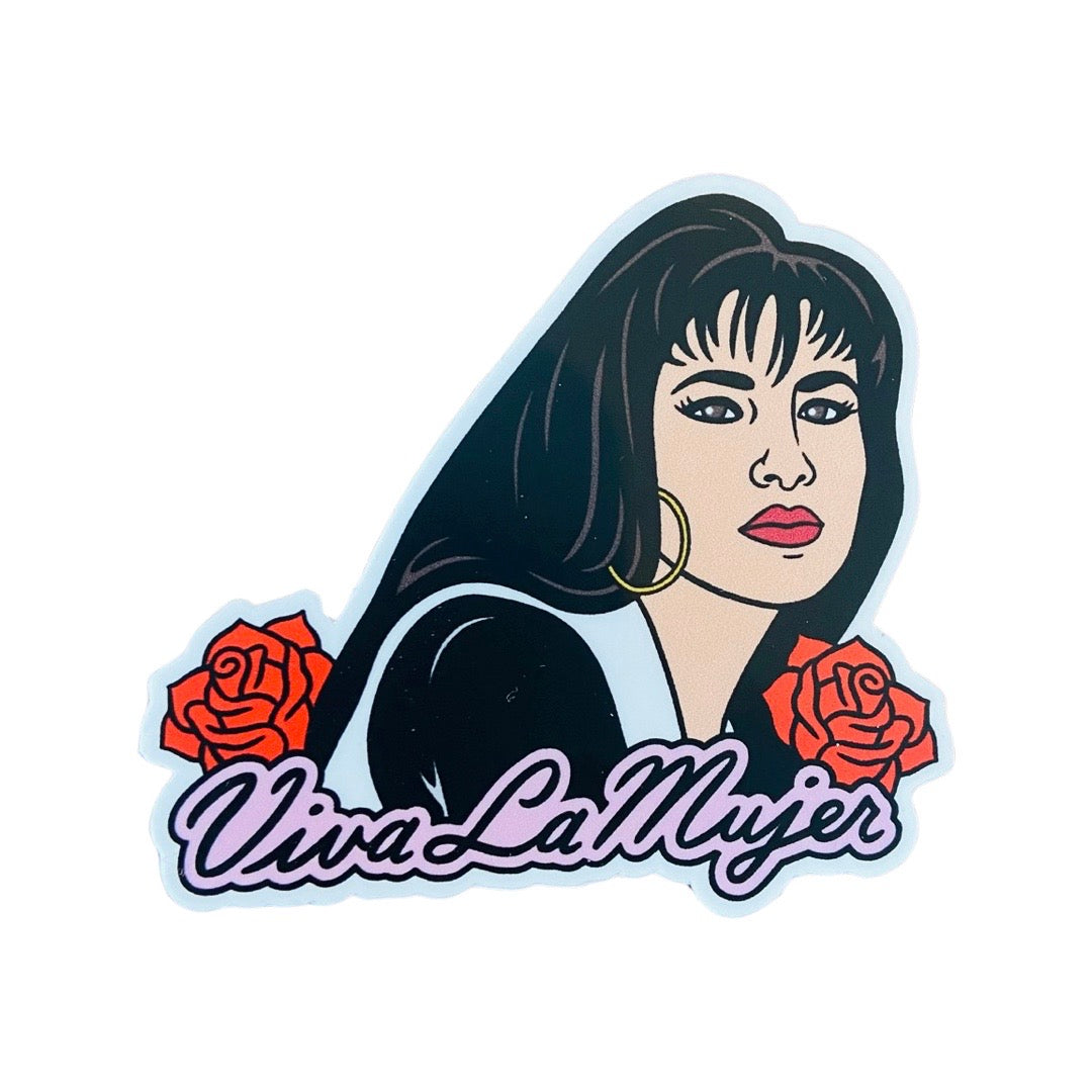 Viva La Mujer Selena Quintanilla sticker. Design features Selena with roses.