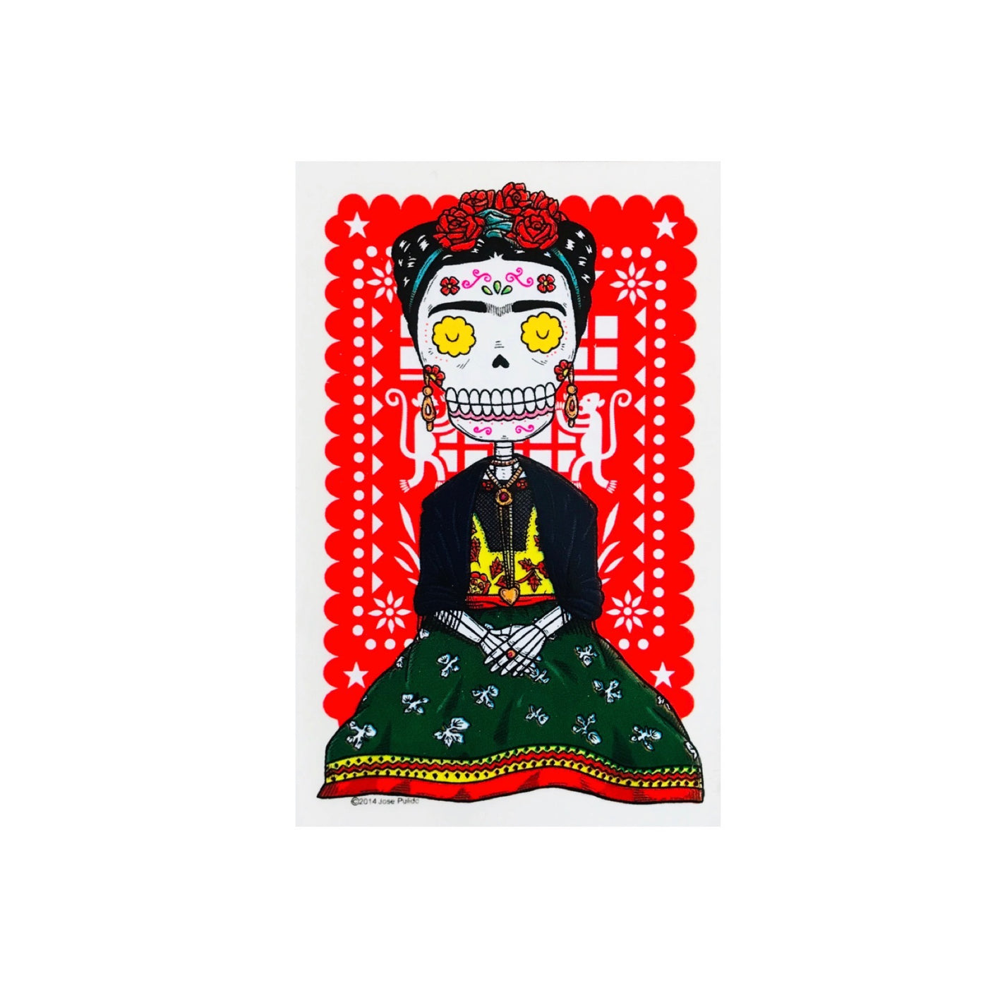 Frida Kahlo calavera with red papel picado sticker.