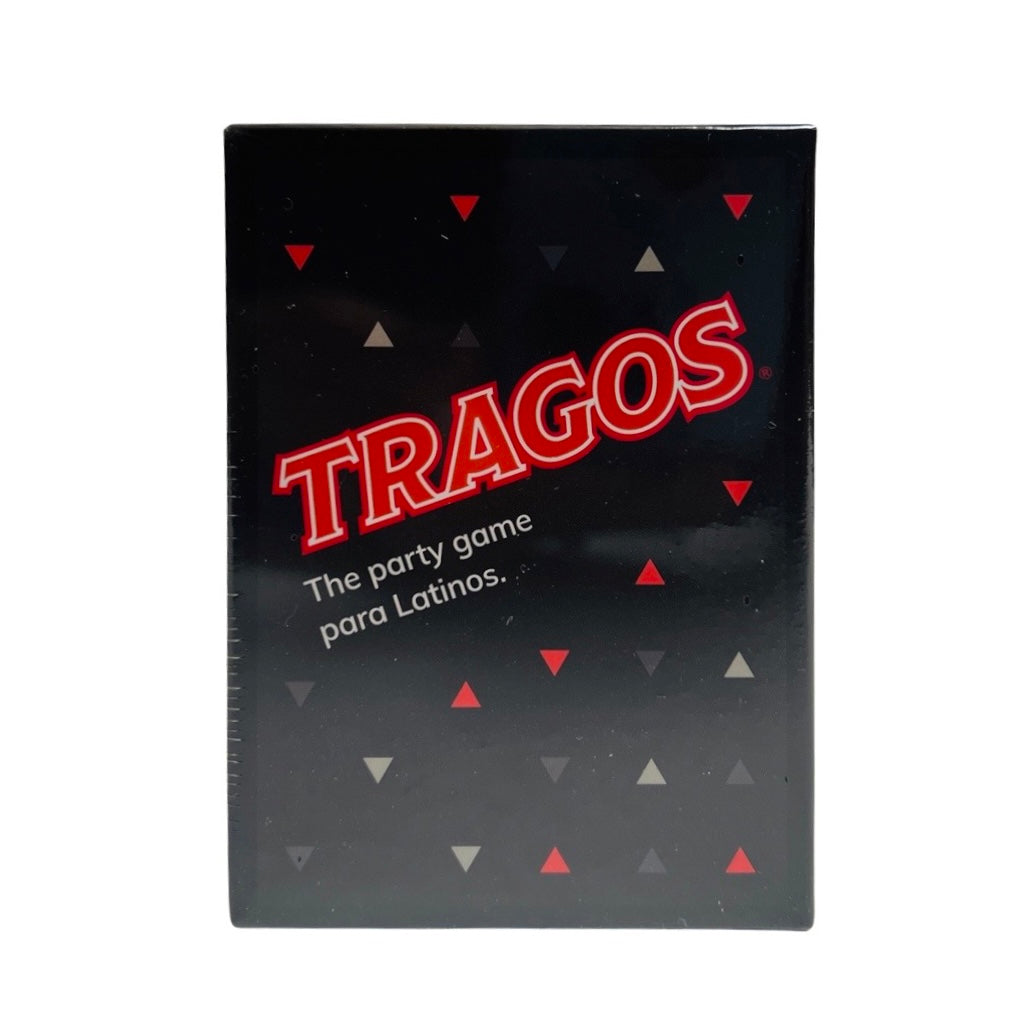 Black card box with Red lettering and triangles, texts reads "Tragos: The party game para Latinos."