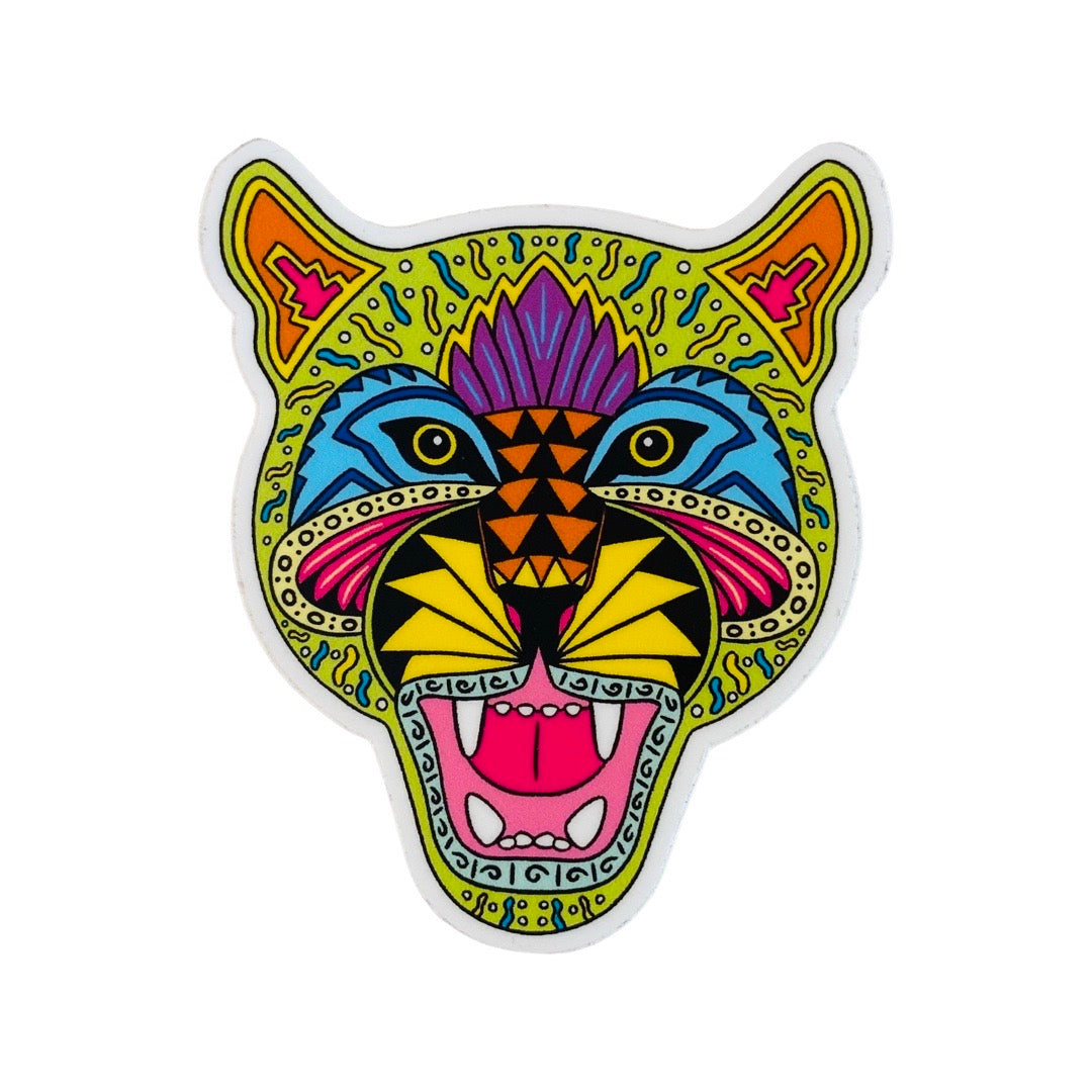 Colorful and multi-patterned jaguar head sticker.