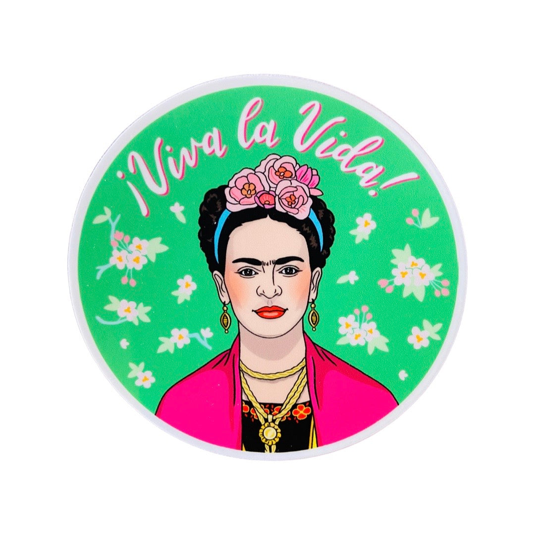 Green and floral sticker with Frida Kahlo wearing a pink shawl and pink flower crown with the words "Viva la vida!" abover her head.