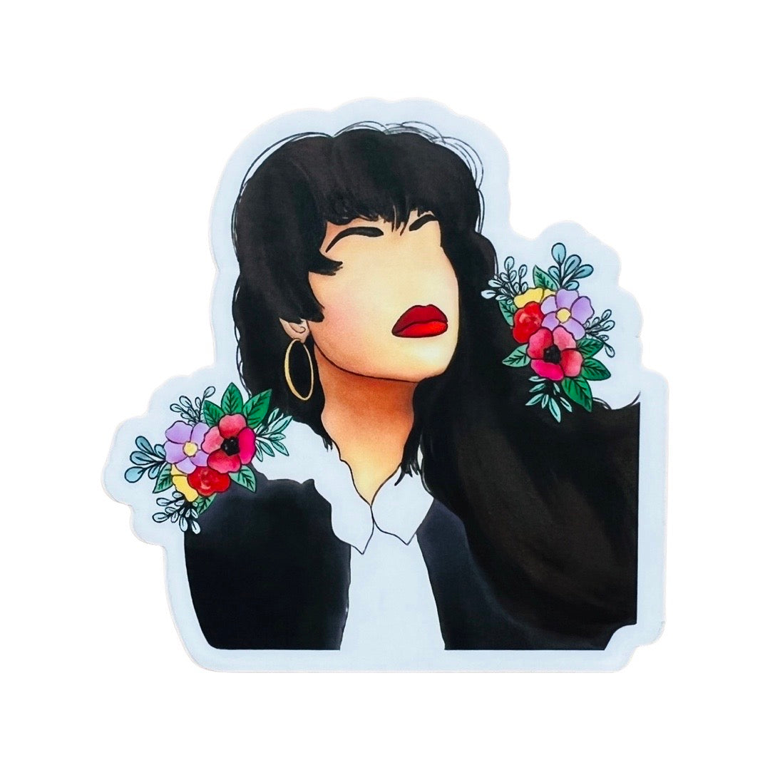 Colored vinyl sticker of Selena Quintanilla with flowers above her shoulders and her face has no eyes or nose.