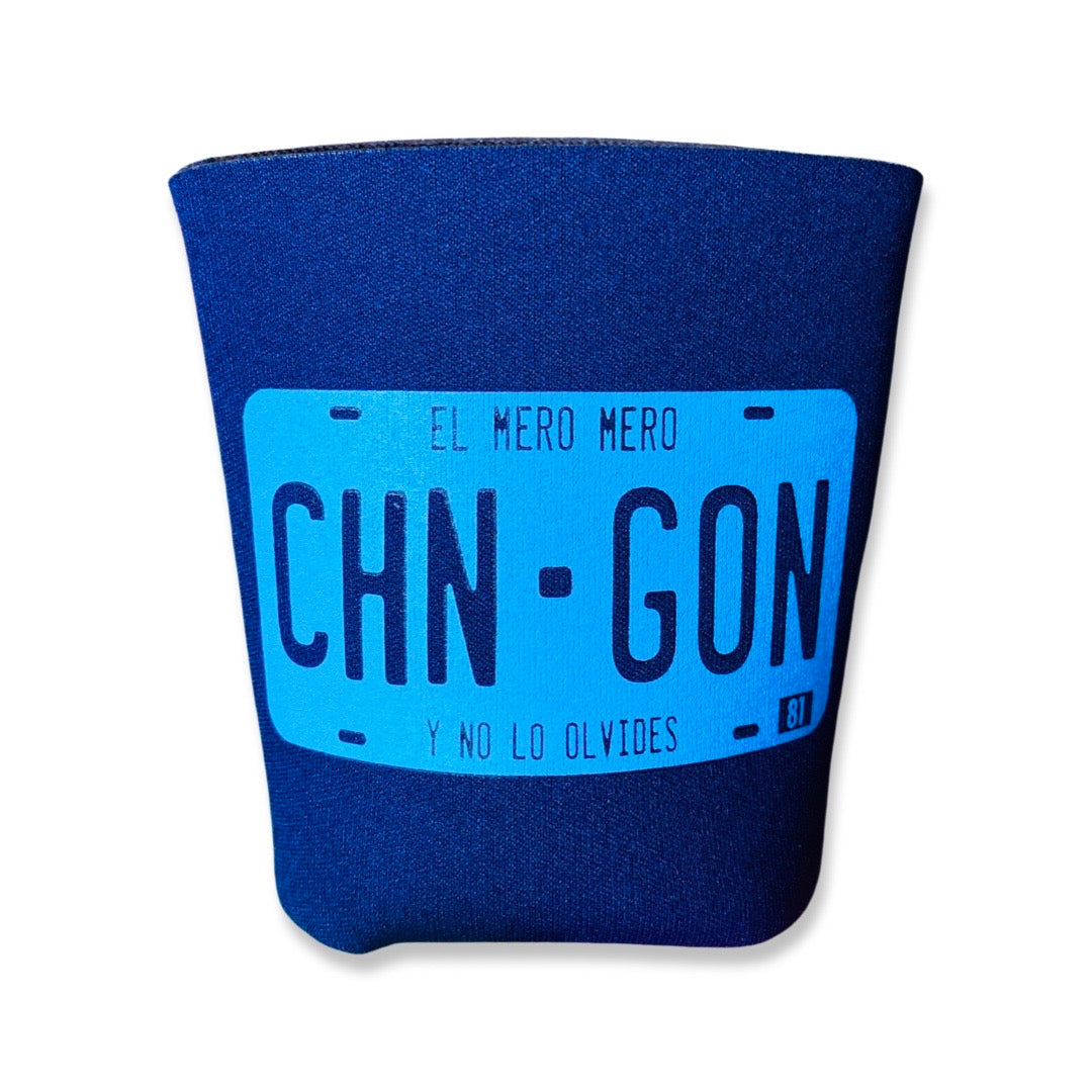 Blue can cooler with the phrase Chingon- El Mero Mero y no lo olvides in the shape of a license plate.