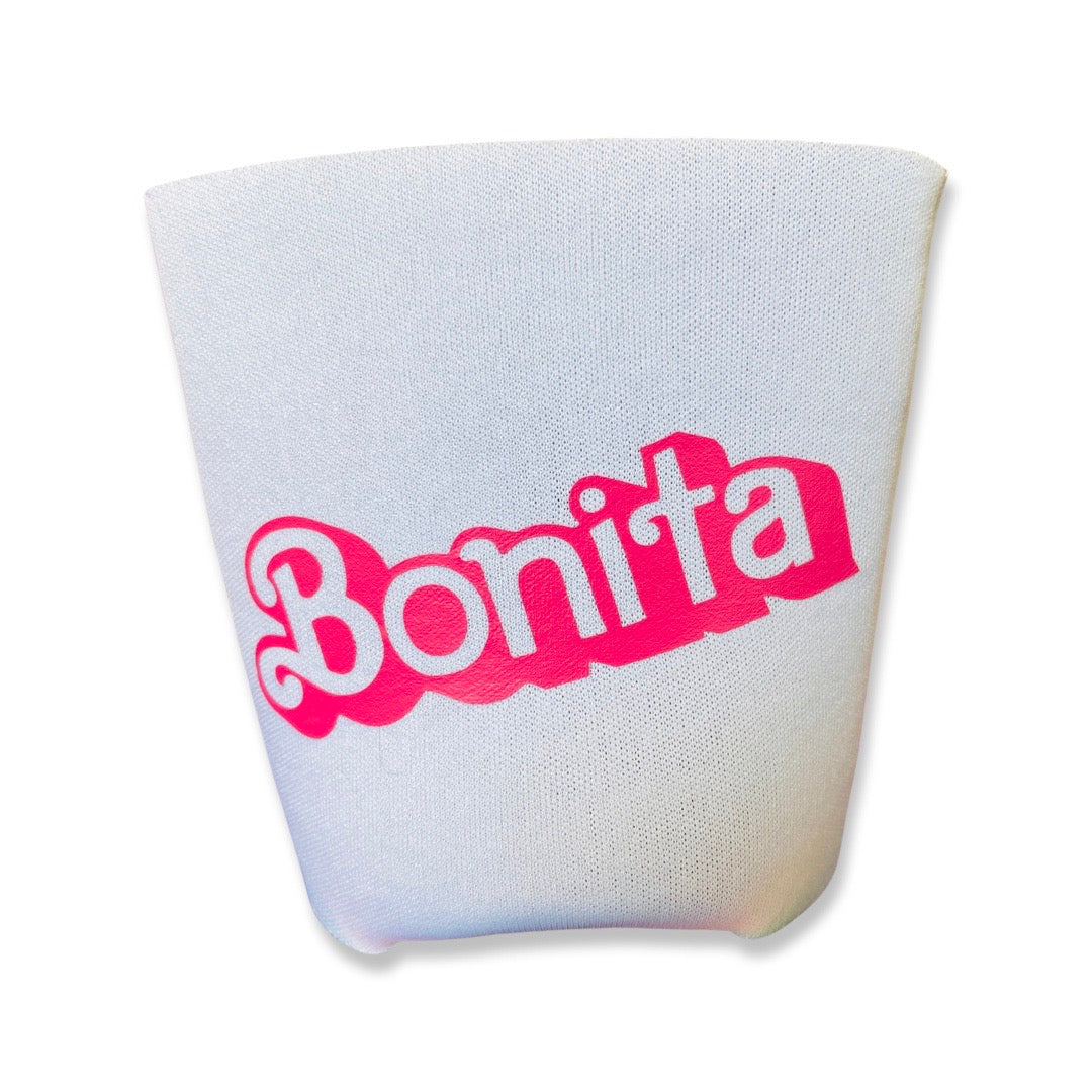 White can cooler with the phrase Bonita in pink lettering