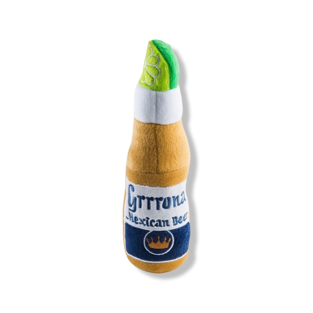 Squeaky plush beer bottle dog toy. 