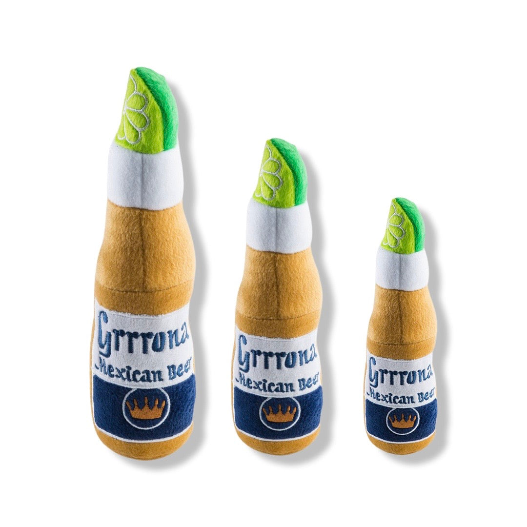 Three different sized squeaky plush beer bottle dog toys.