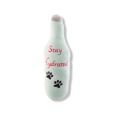 Back of plush squeaky soda bottle dog toy. Design reads, "Stay Hydrated."
