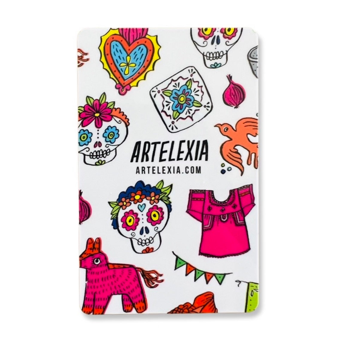 Gift card with Artelexia store name, website, and logos. 