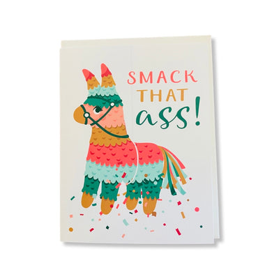 Smack That Ass birthday card with colorful donkey piñata and confetti.