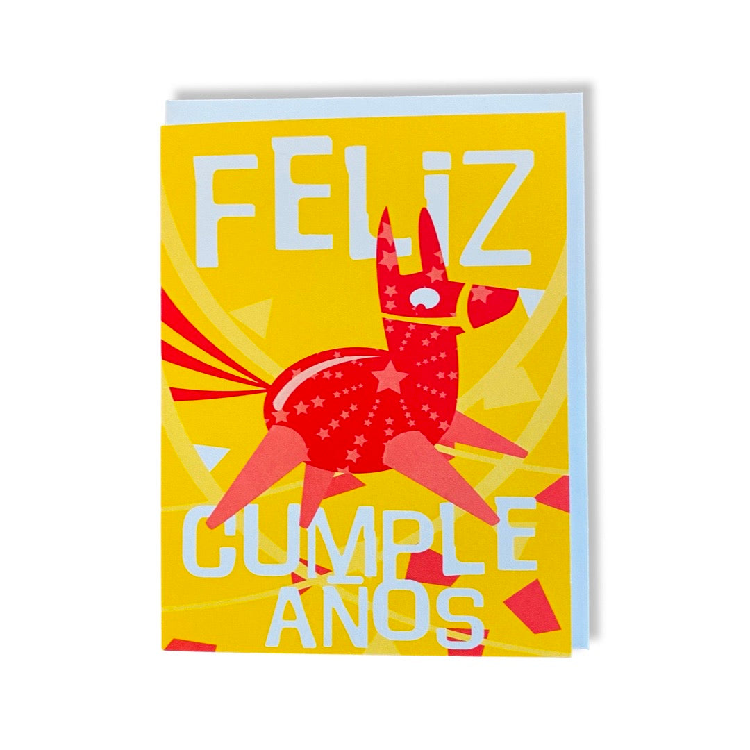 Feliz Cumpleaños birthday card with red donkey piñata. 