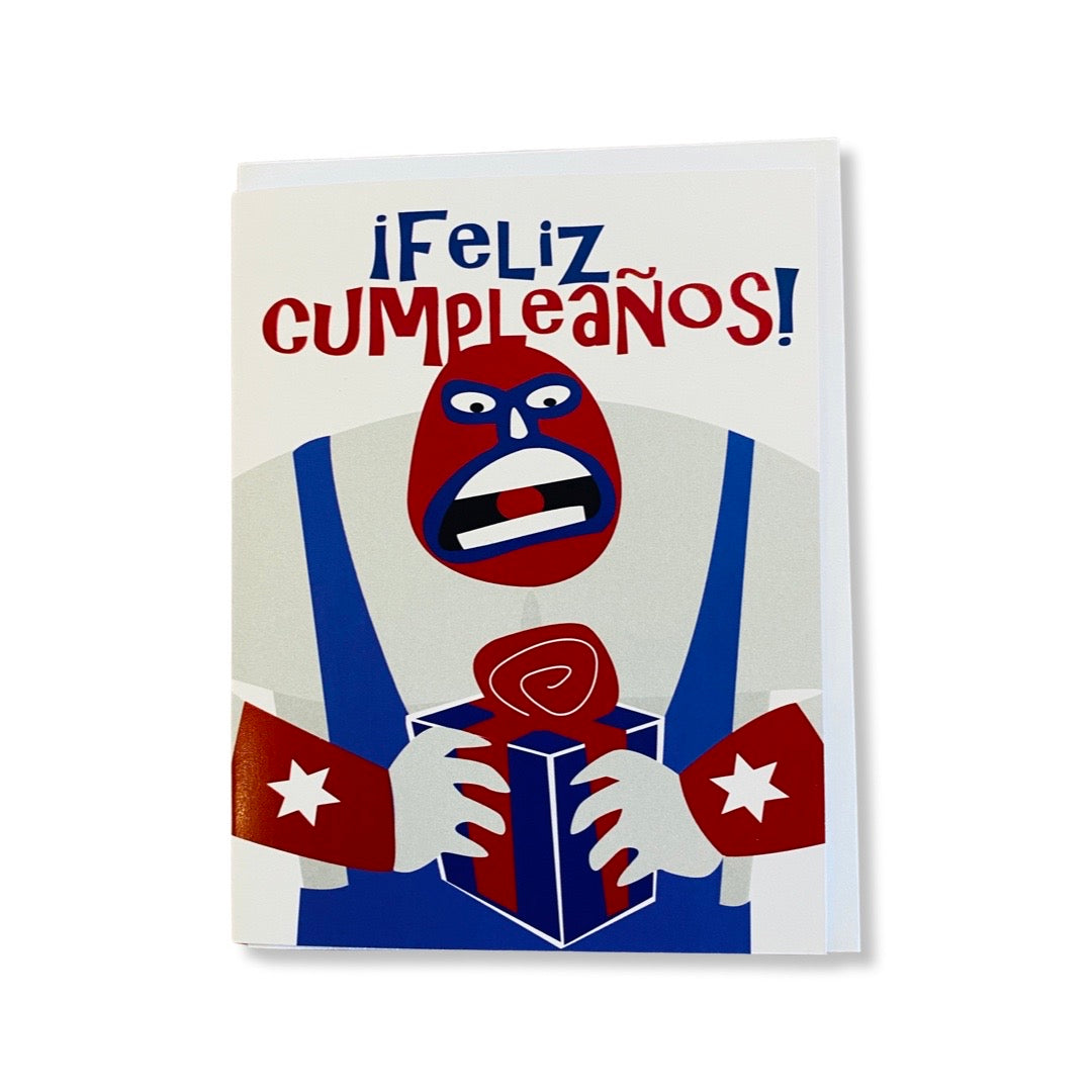 Luchador w/ Gift Feliz Cumpleaños birthday card.