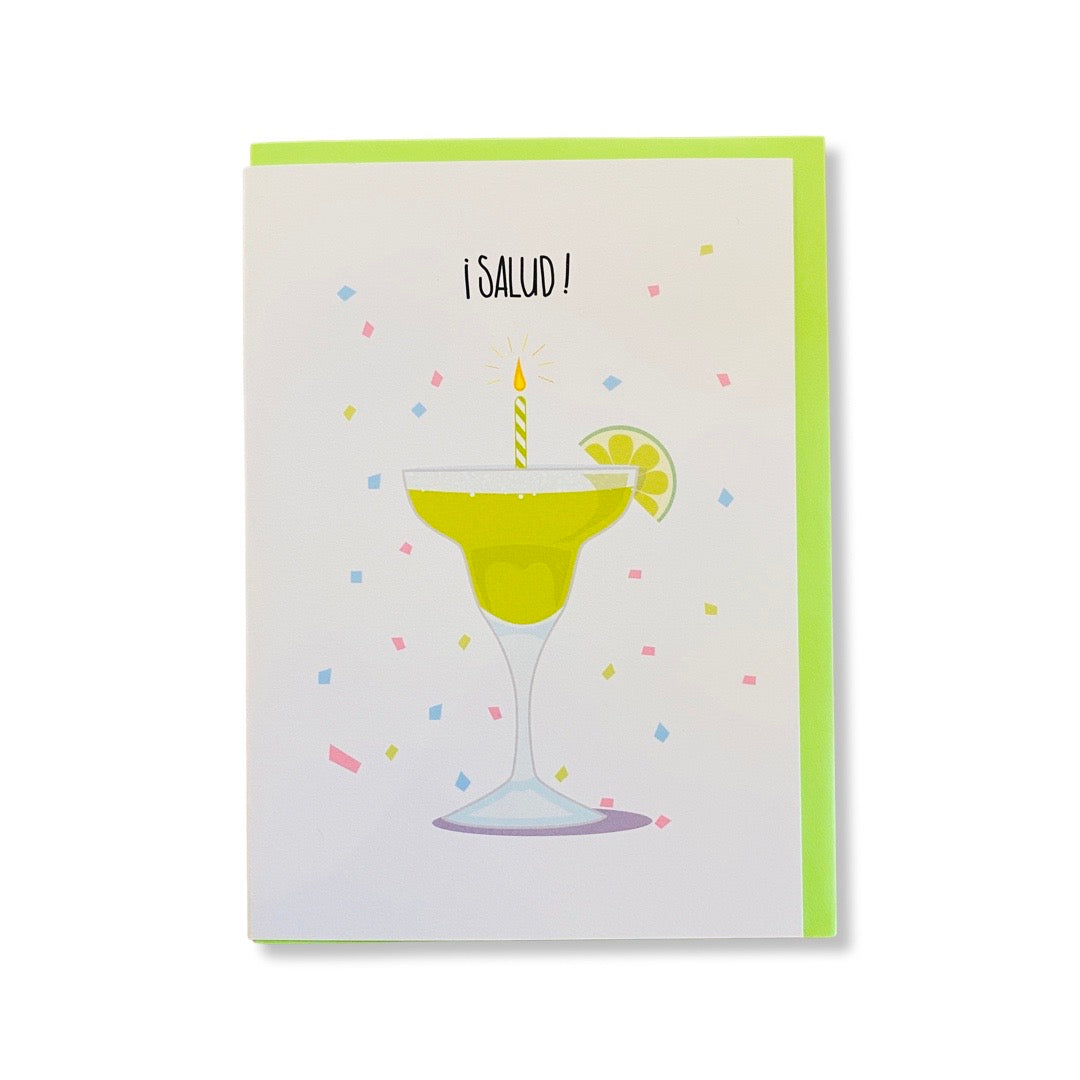 ¡Salud! greeting card featuring margarita with candle and confetti.