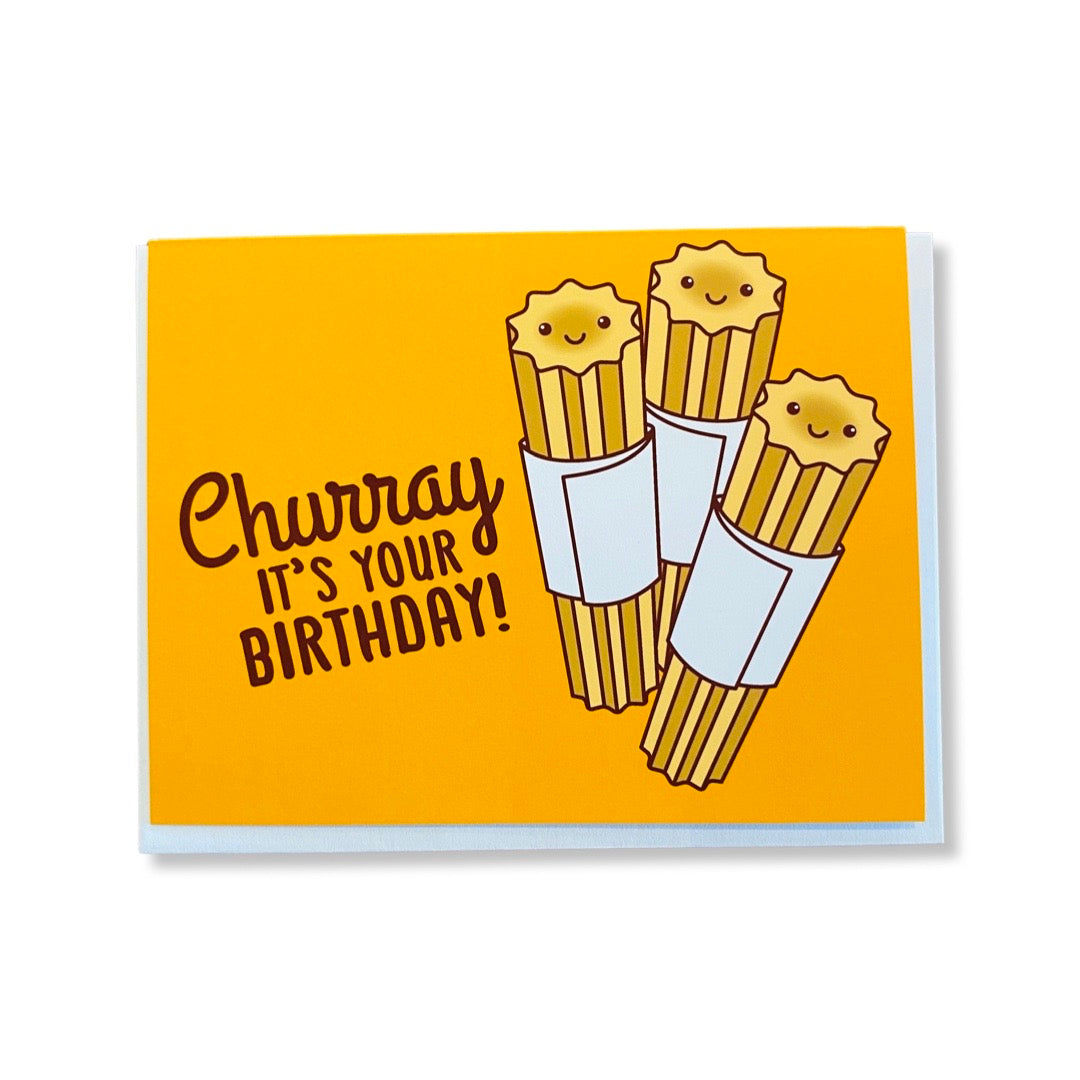 Churray It's Your Birthday card. Design features smiling churros.