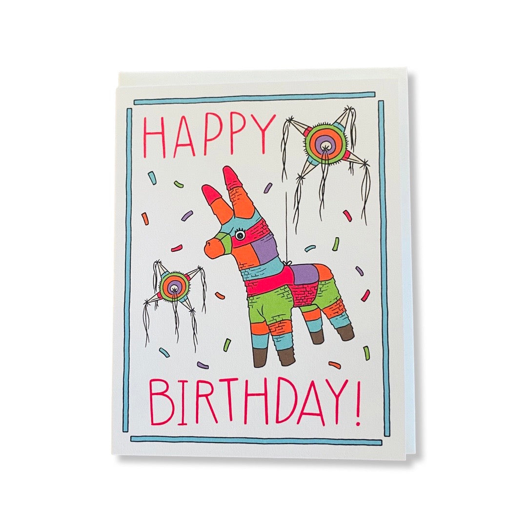 Happy Birthday! card with colorful donkey piñata and confetti.