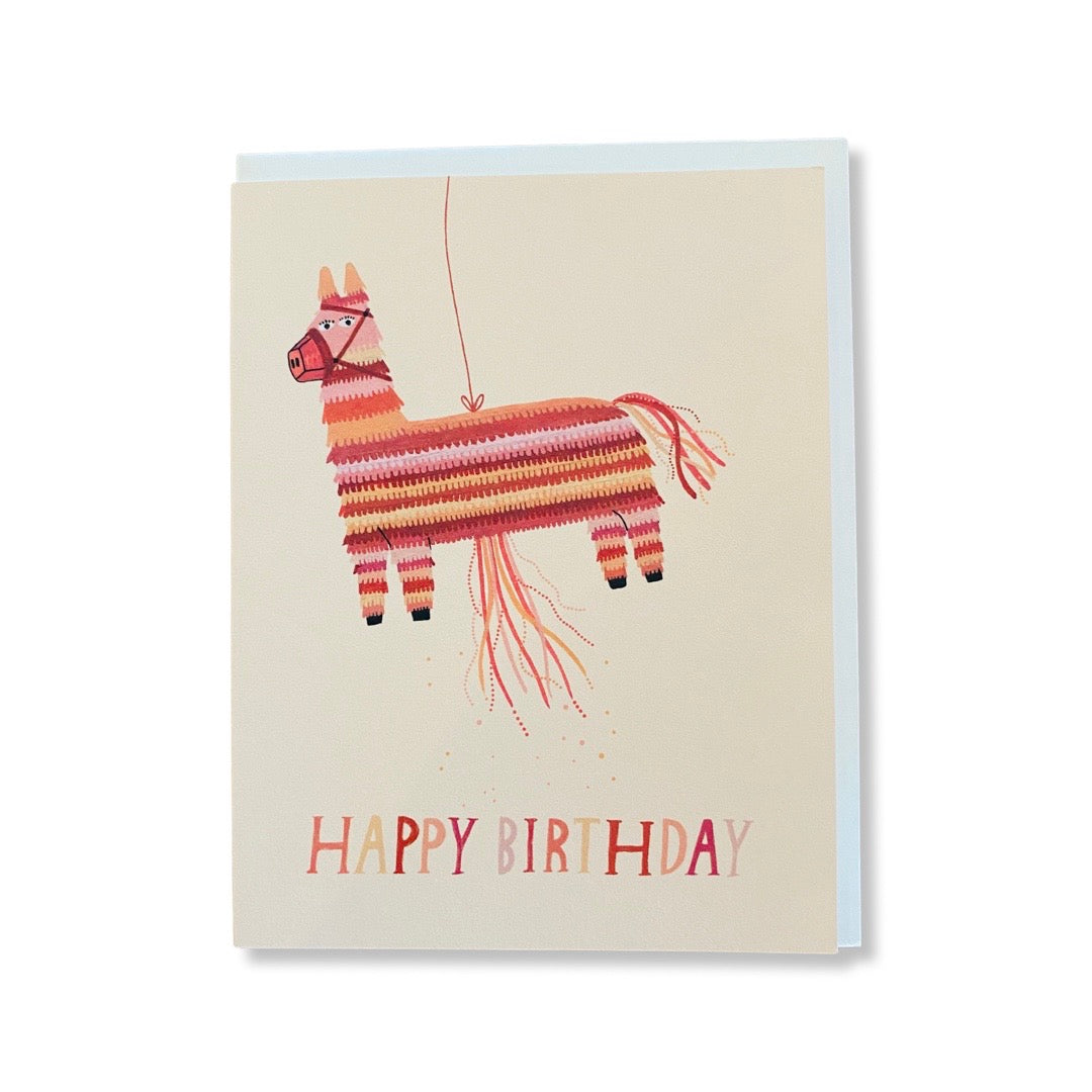 Happy Birthday with blush colored donkey piñata greeting card.