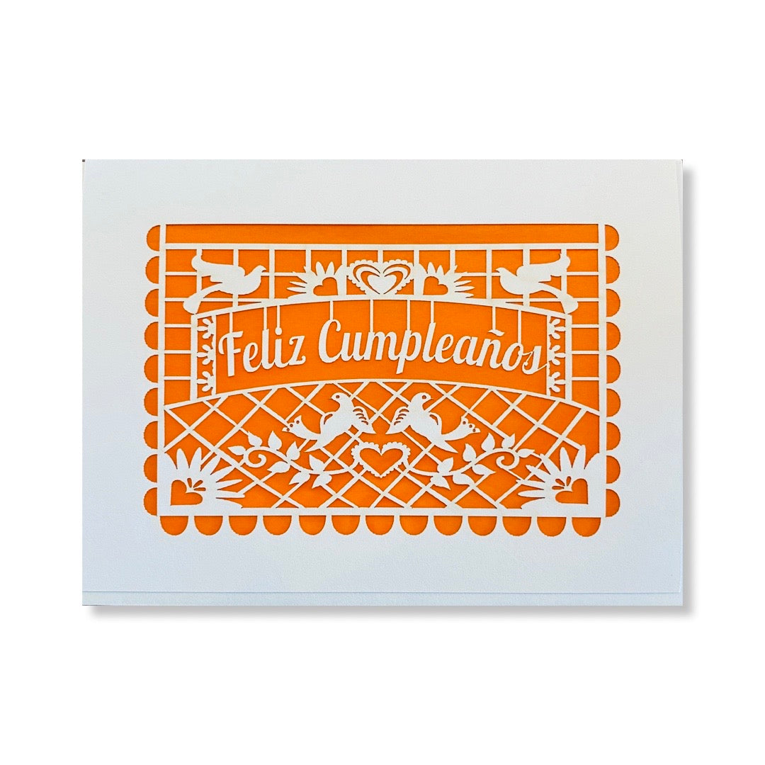 Feliz Cumpleanos orange papel picado birthday card. 