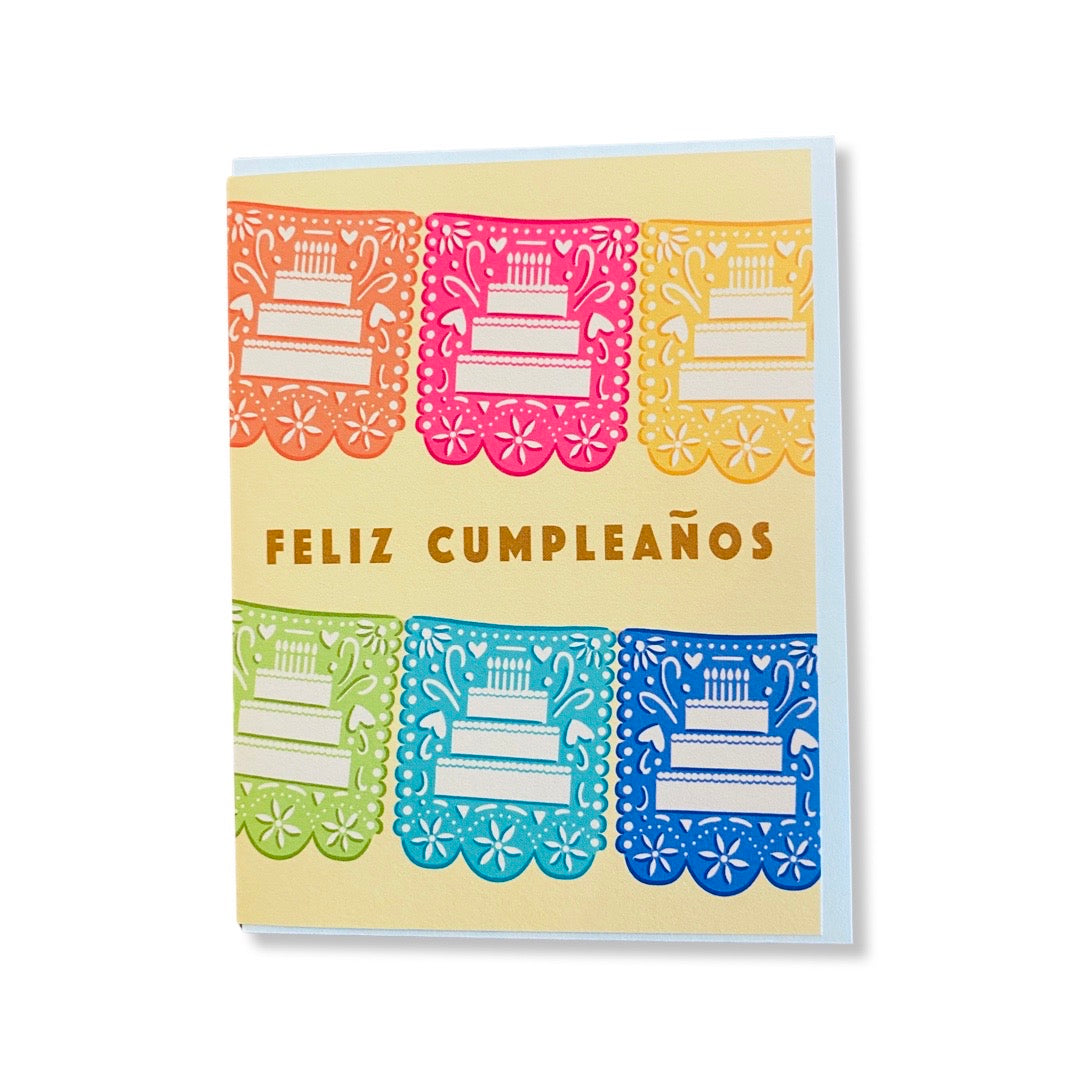 Feliz Cumpleanos birthday card with colorful papel picado cakes.