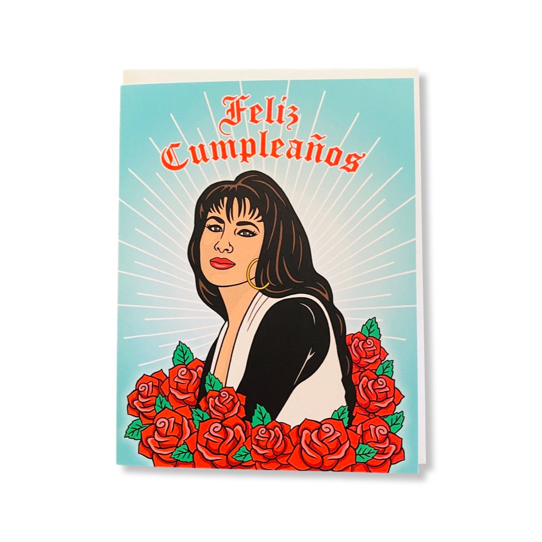 Feliz Cumpleanos birthday card featuring Selena Quintanilla surrounded by roses.