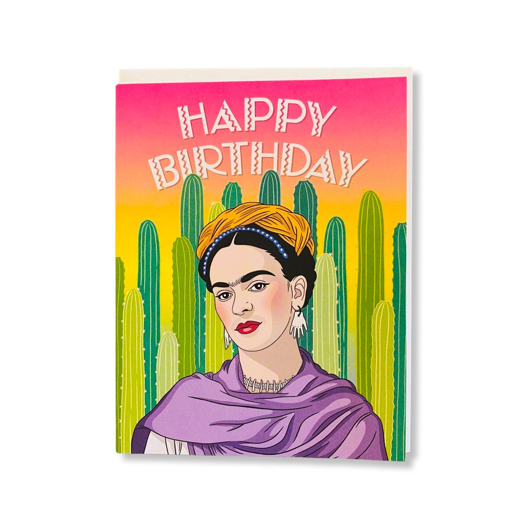 Happy Birthday greeting card with Frida Kahlo and cactus. 