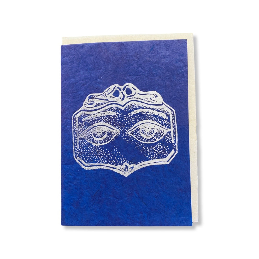 Blue Milagros Eyes greeting card with silver accents.