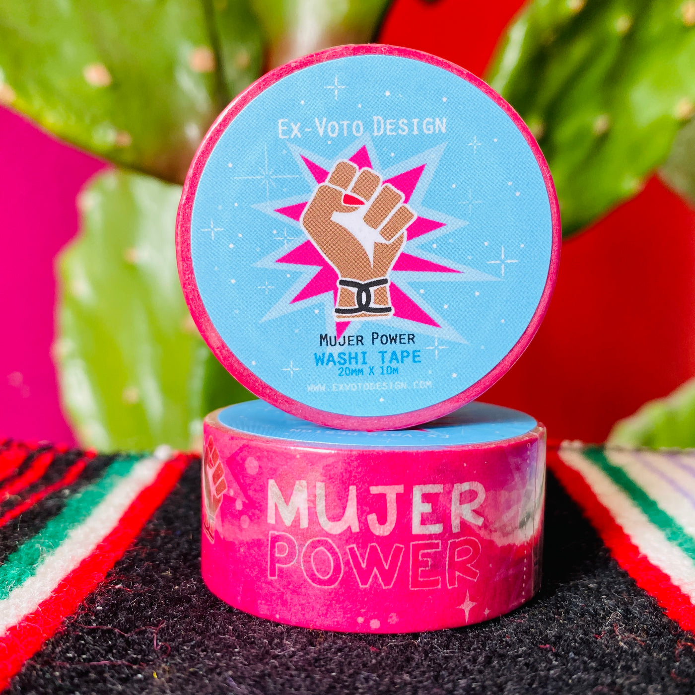 Close up of Mujer Power pink washi tape.