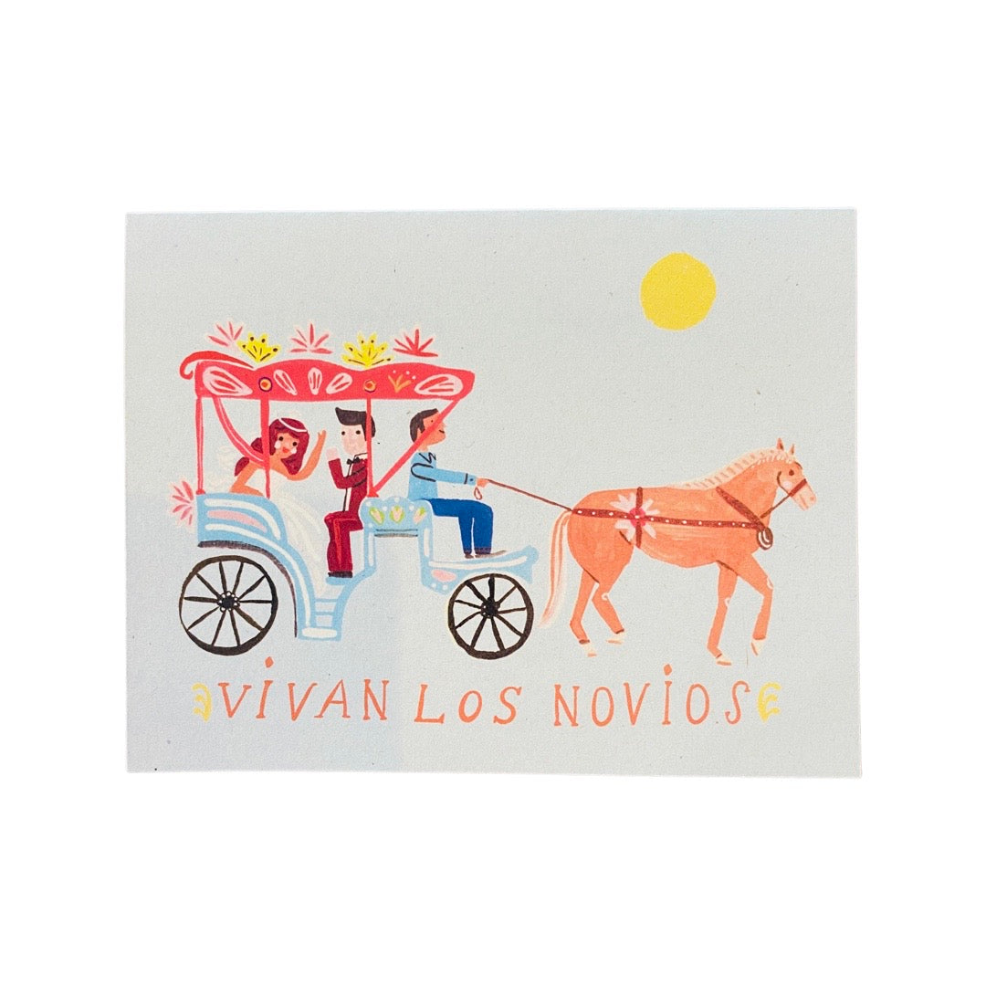 Vivan Los Novios wedding card. Design features bride and groom in horse drawn carriage.