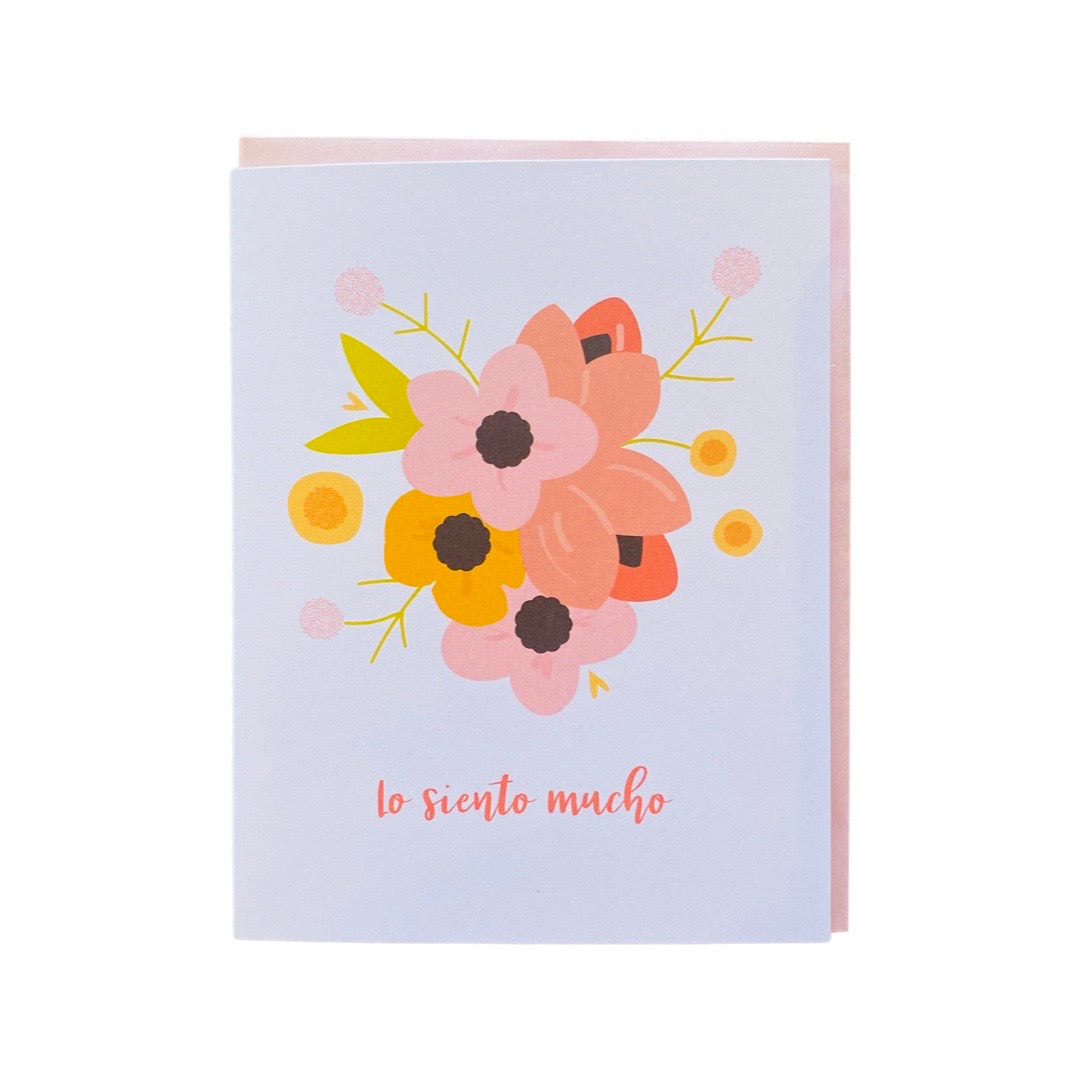 Lo Siento Mucho condolences greeting card. Design features pink and yellow flower bouquet.