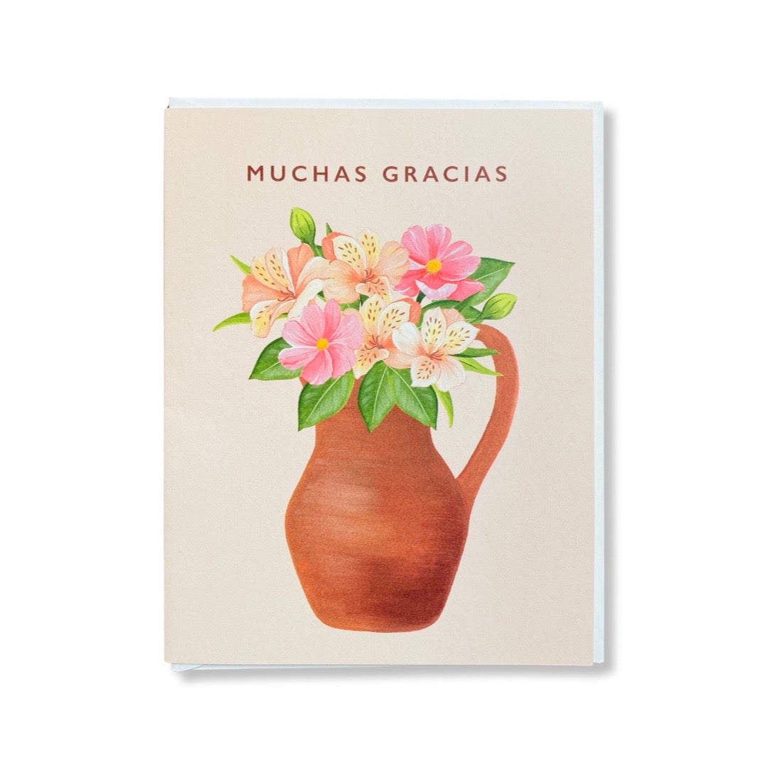 Muchas Gracias greeting card with flowers in a jarritos graphic.