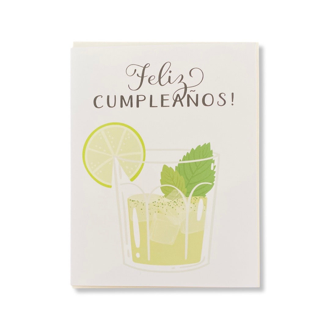 Feliz Cumpleaños Mojito birthday card. Design features mojito cocktail.