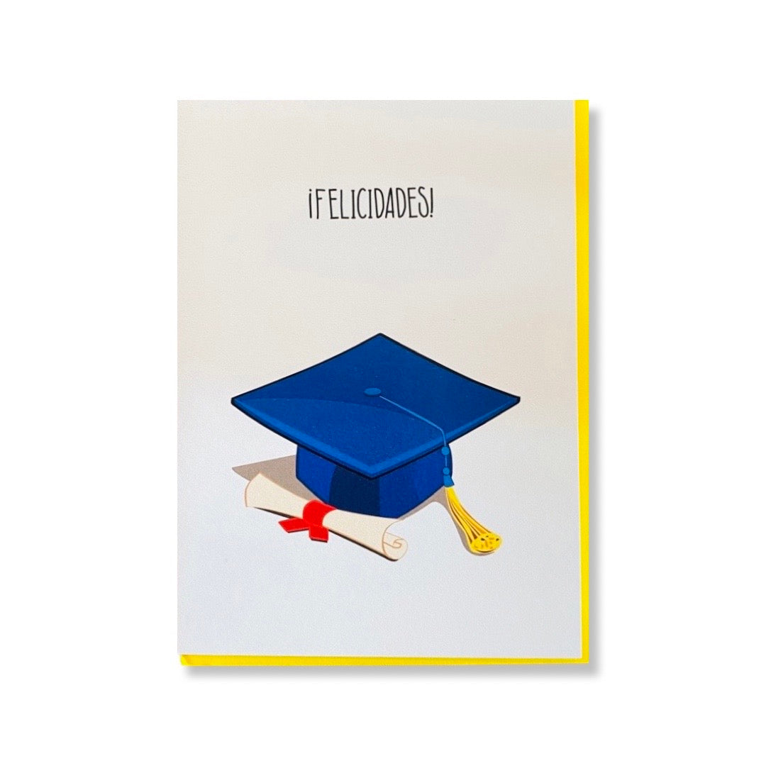 Felicidades graduation card with cap and degree design.