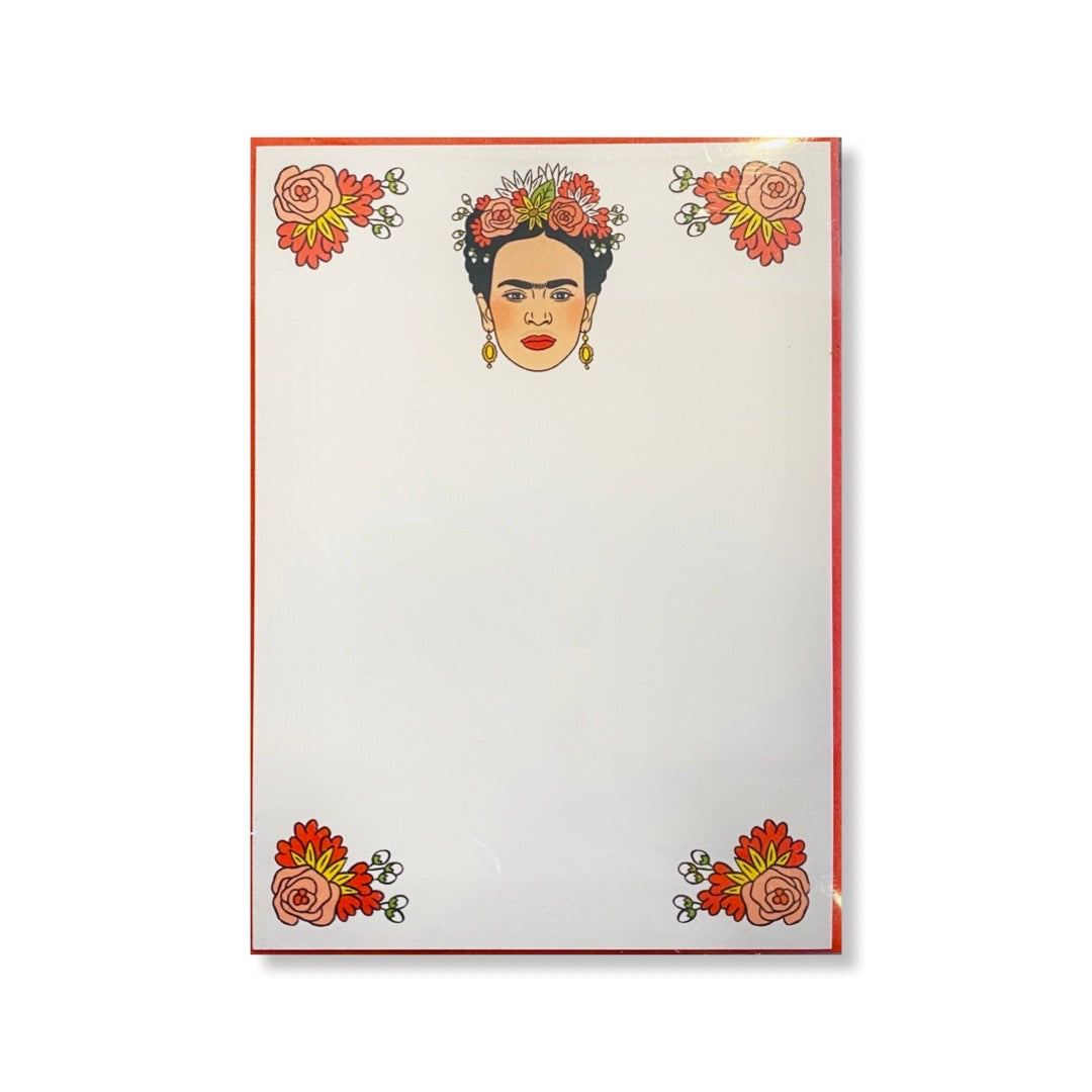 Blank Frida Kahlo card set. Design features Frida's head on the top and flowers on each corner.
