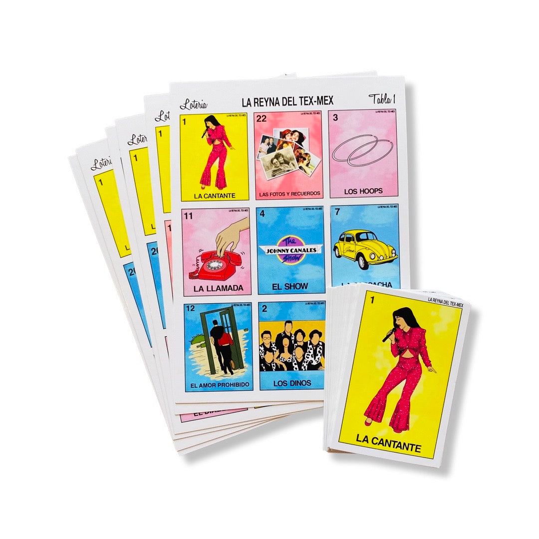 La Reina Loteria (Selena Quintanilla themed). Set includes 6 different game boards and 24 playing cards.