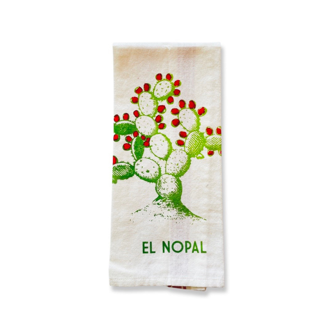 Loteria dish towel featuring el nopal (cactus) image and phrase.