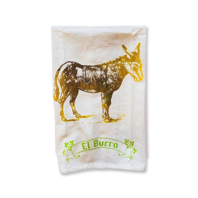 Loteria Dish Towel featuring el burro (donkey) design. 