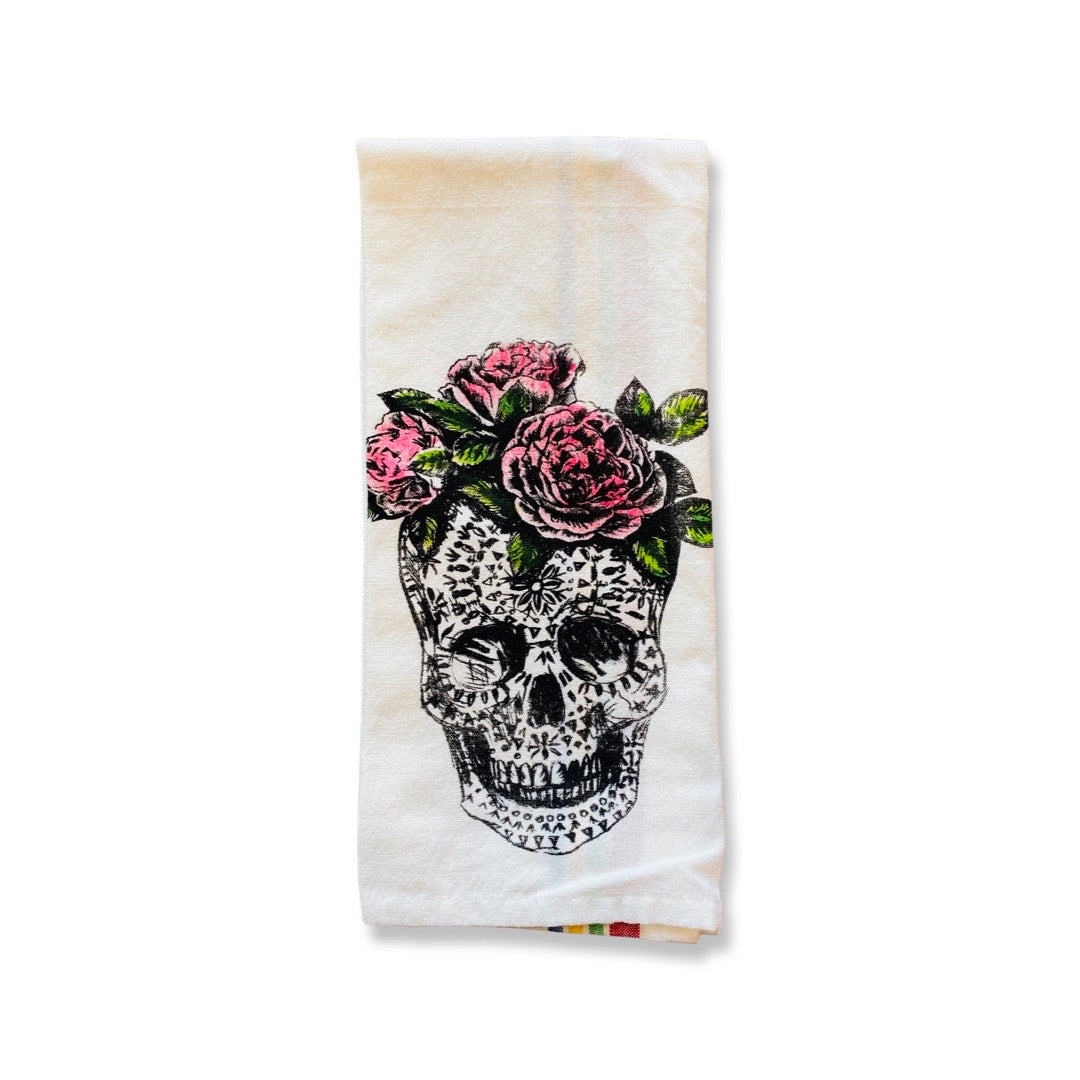Loteria dish towel featuring la calavera with red roses.