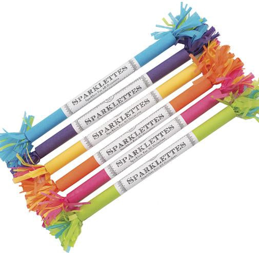 Fiesta Sparklettes packaged in vibrant colored tissue paper. Colors featured: blue, purple, yellow, orange, pink, & green. 