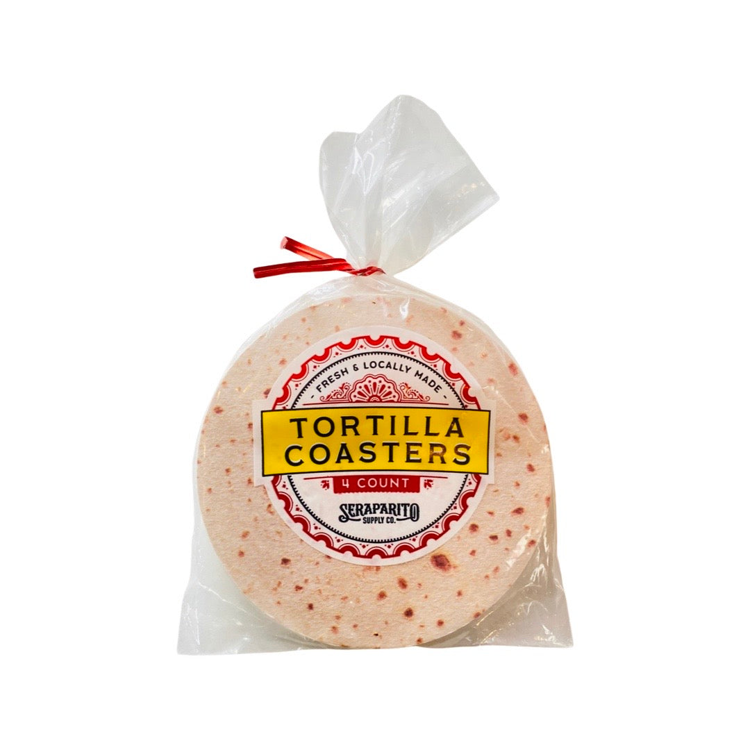 Set of four tortilla coasters inside clear branded bag.