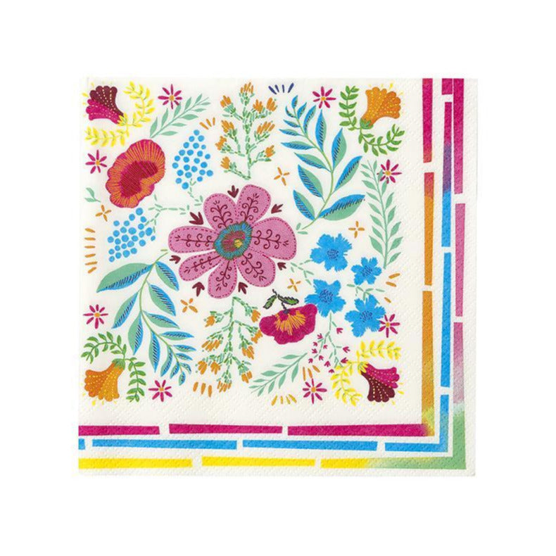top view of our floral paper napkin. The illustration features various types of colorful flowers and foliage.