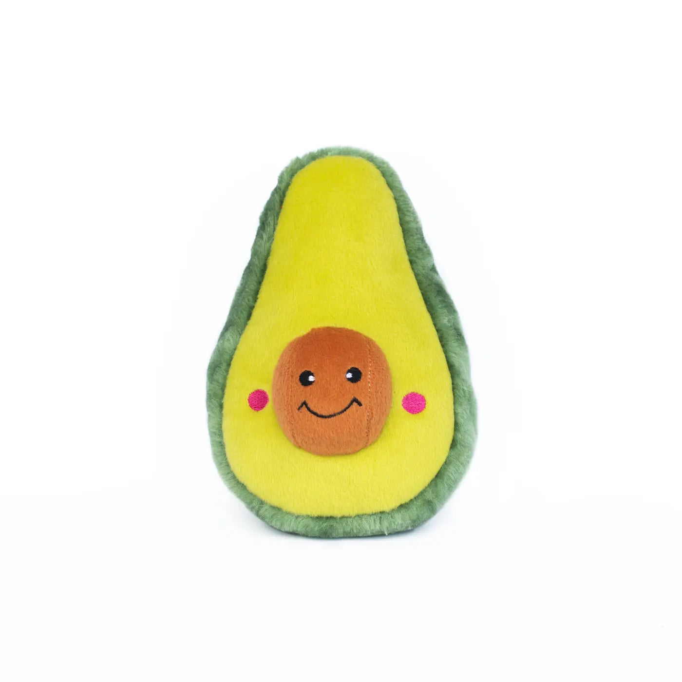 Plush avocado dog toy with a smiley face