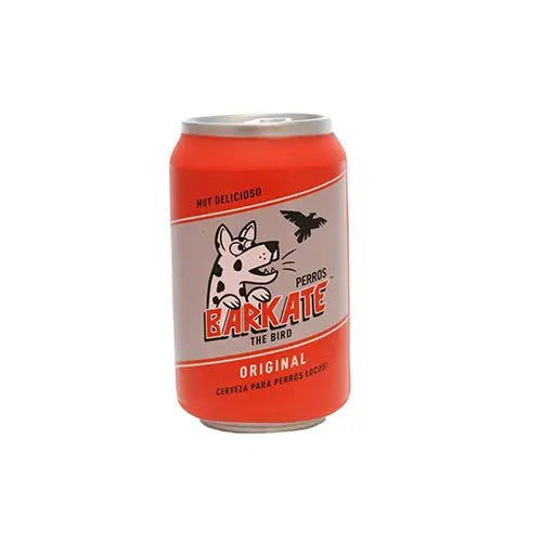 Red and Gray vinyl beer can that features a black and white dog and the name Barkate.