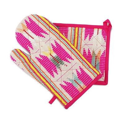 Oven mitt and pot holder set with a pink, yellow and beige design.